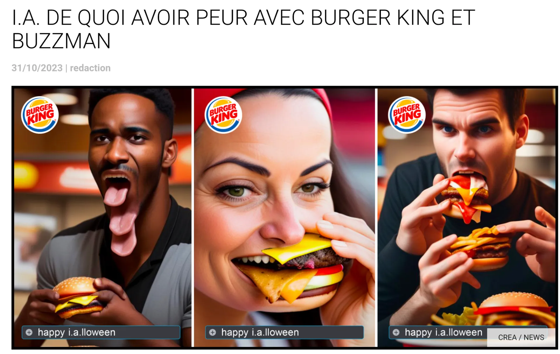 Happy I.A.lloween by Burger King France and Buzzman: three uncanny AI-generated images of people eating burgers