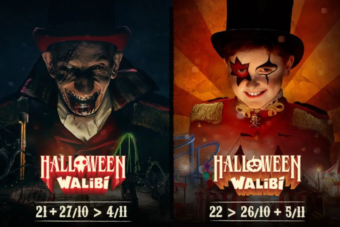 Two Halloween at Walibi key visuals side by side, a zombie ringmaster and a made-up child, each with the event dates