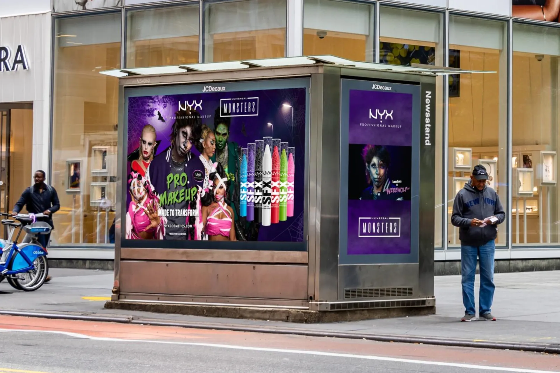 NYX Professional Makeup and Universal Monsters Halloween campaign on JCDecaux newsstand screens in New York