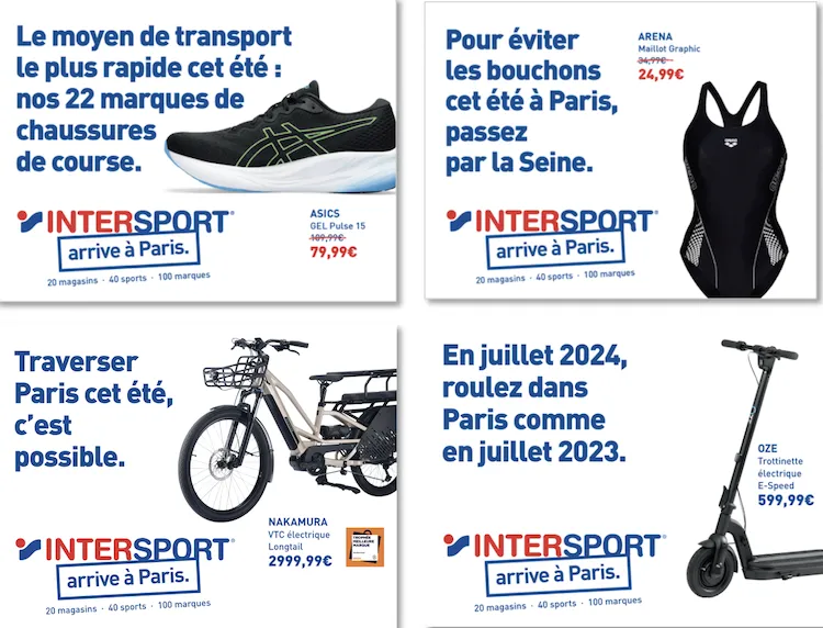 Four Intersport "arrive à Paris" ads joking about the fastest ways to get around Paris during the Games