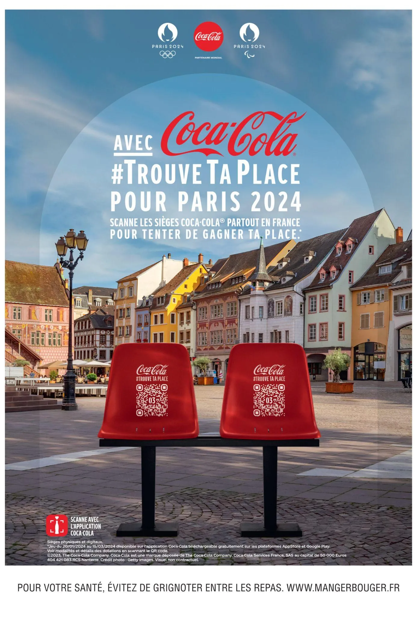 Coca-Cola #FindYourPlace (#TrouveTaPlace) poster for Paris 2024: two red stadium seats printed with QR codes on a town square