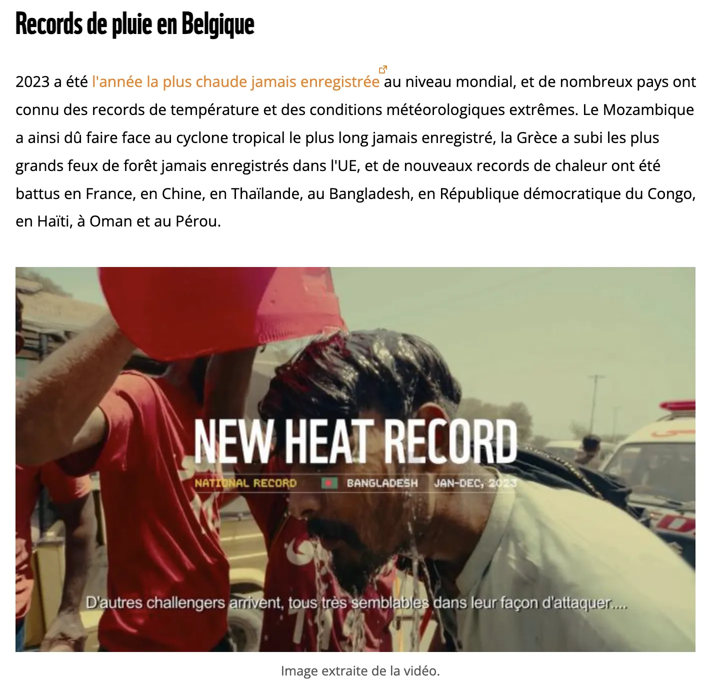 WWF press release page adapting "Records not to be broken" for Belgium, with a heat record still from the campaign film