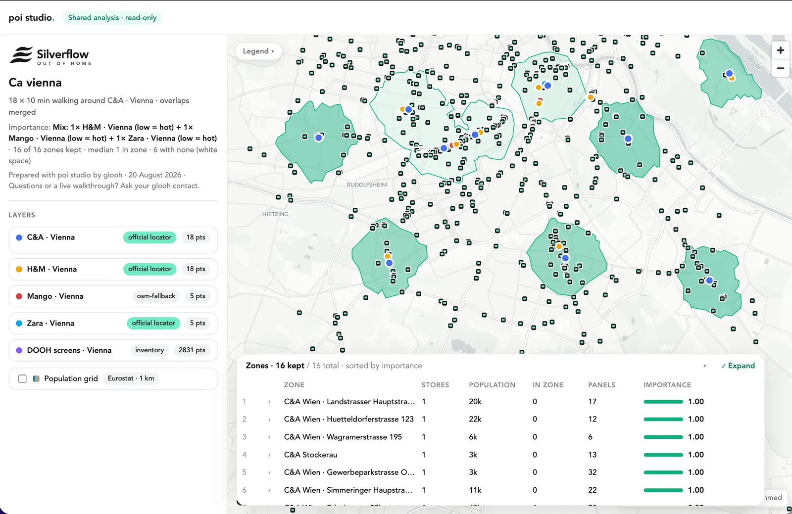 Catchment zones around a retailer's stores with competitor locations and screens, mapped in poi studio